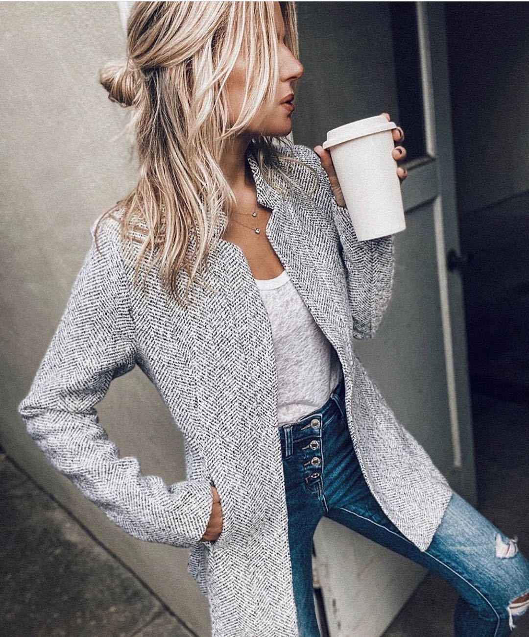 Women Long Sleeve Gray Blazer Elegant Slim Sport Coat Smart Casual