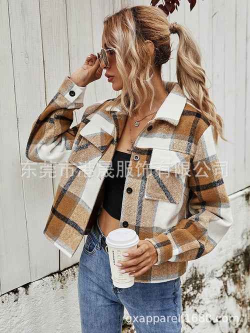 Women Plaid Long Sleeve Button Down Collar Long Shirt Coat
