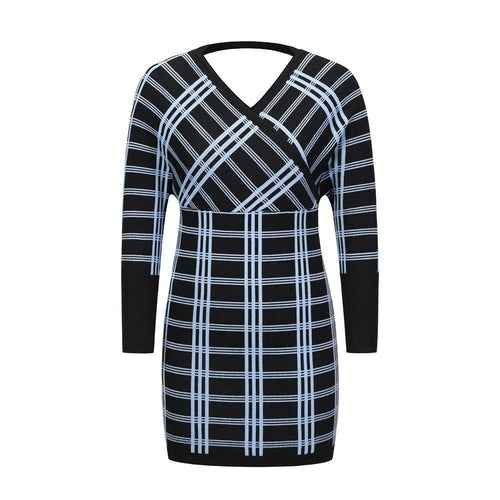 Women's Plaid Swing Dress Long Sleeve V Neck Tunic Mini Dress