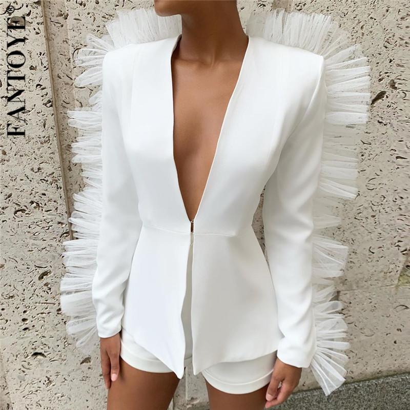 Elegant Lace Ruffle Short Set Long Sleeve V Neck Jacket