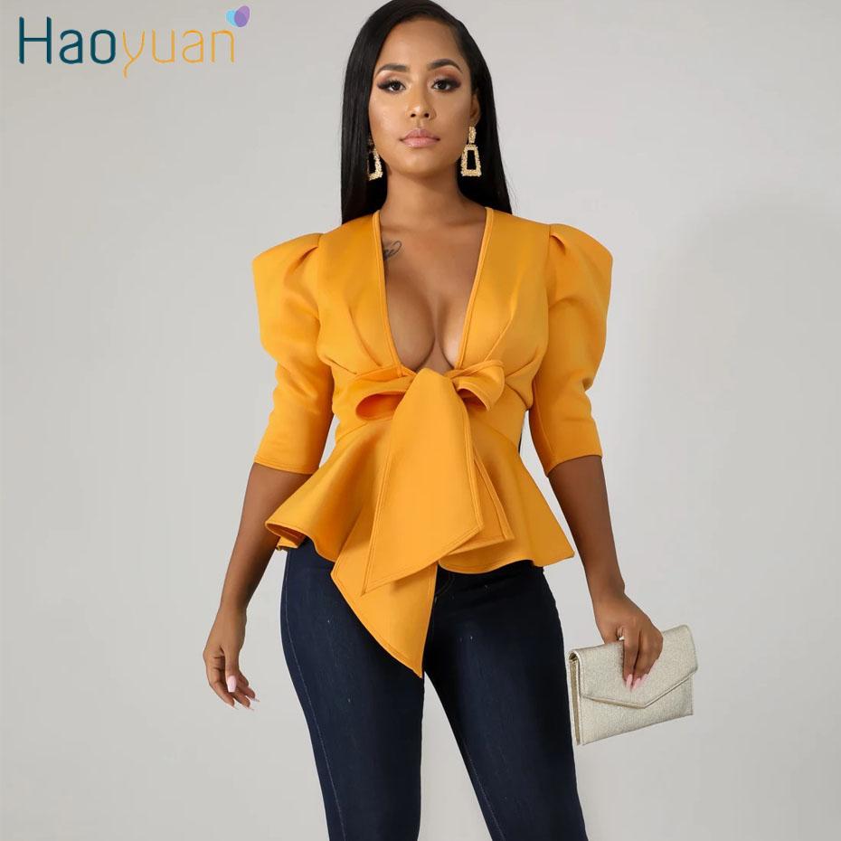 Modern Blouse V Neck Half Sleeve Ruffle Front Bow Style