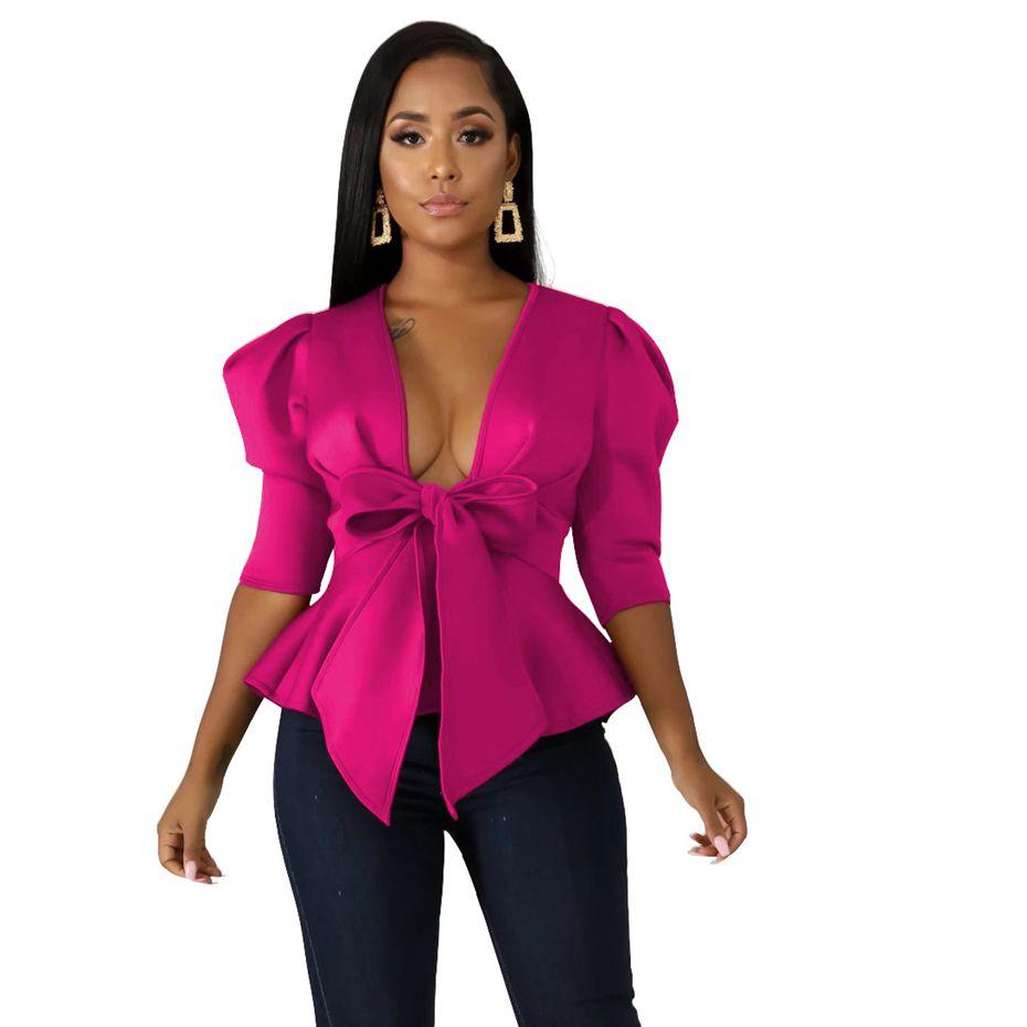 Modern Blouse V Neck Half Sleeve Ruffle Front Bow Style
