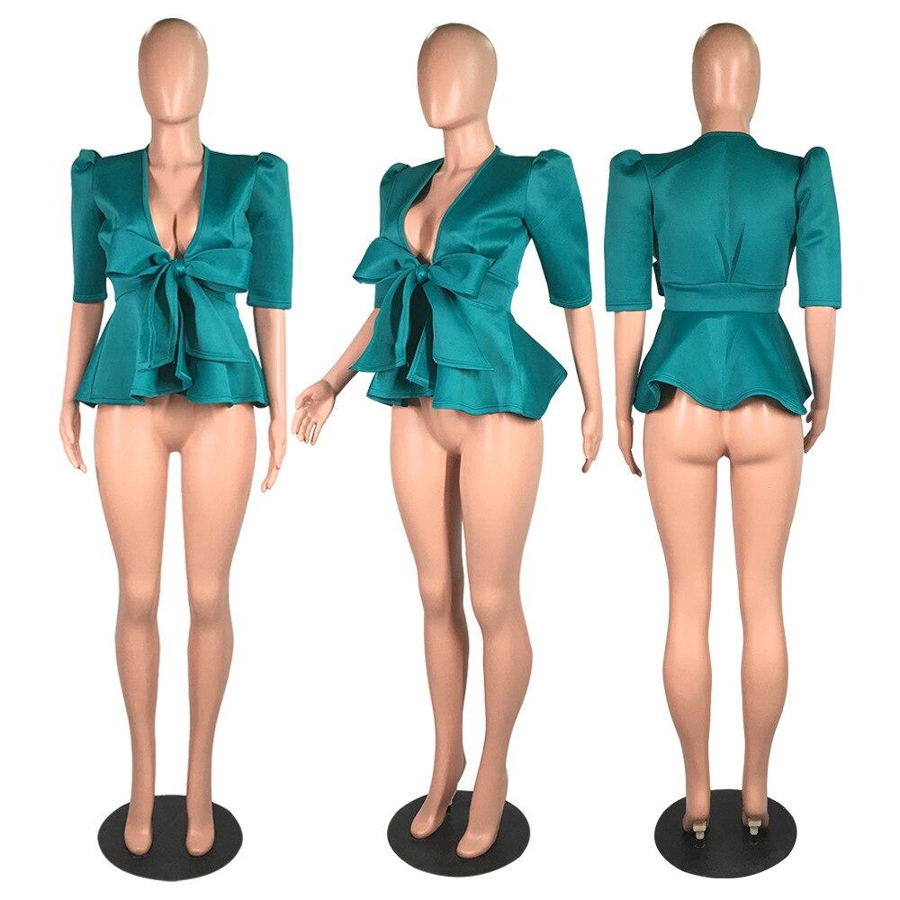 Modern Blouse V Neck Half Sleeve Ruffle Front Bow Style
