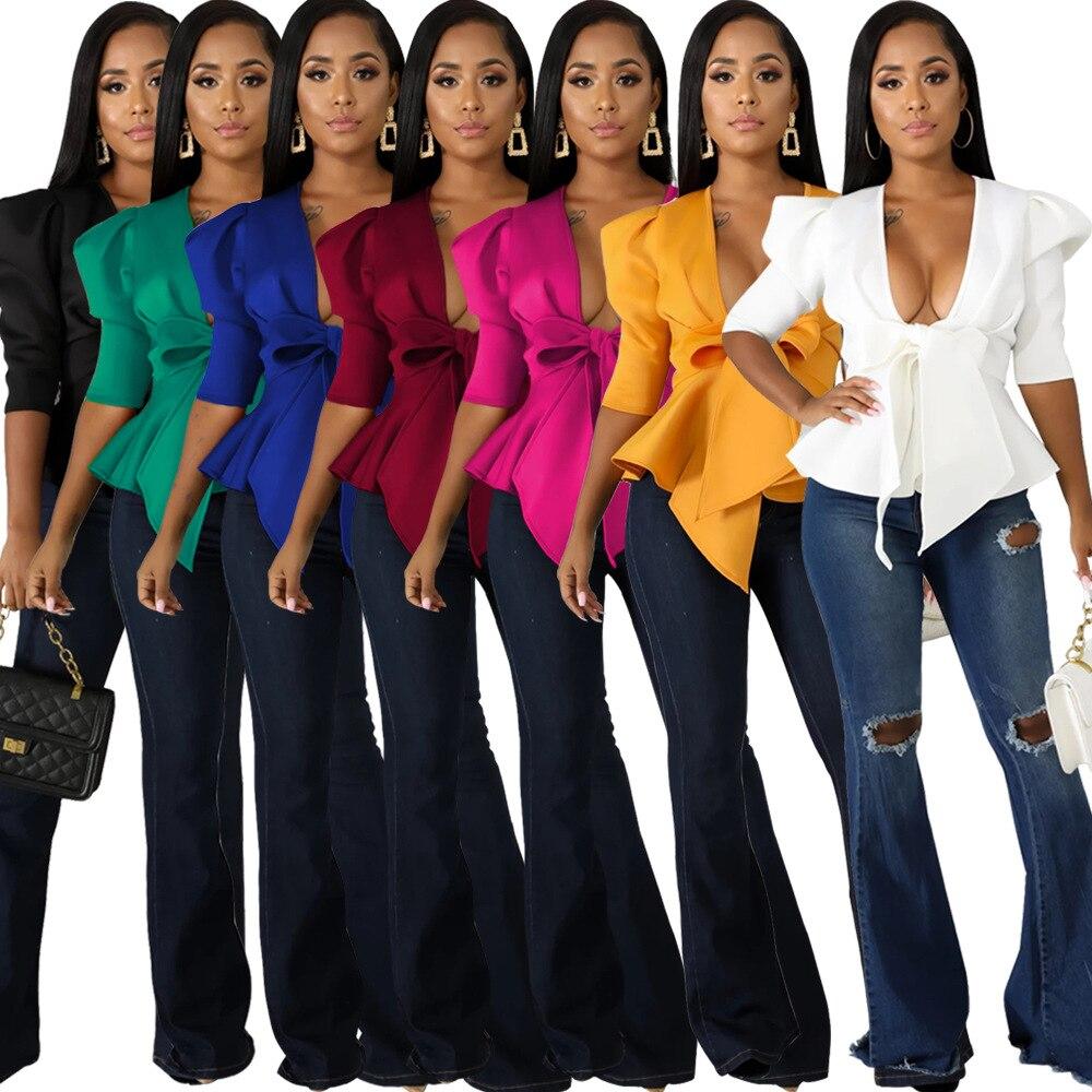 Modern Blouse V Neck Half Sleeve Ruffle Front Bow Style