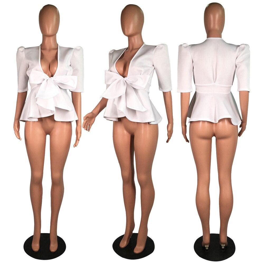 Modern Blouse V Neck Half Sleeve Ruffle Front Bow Style