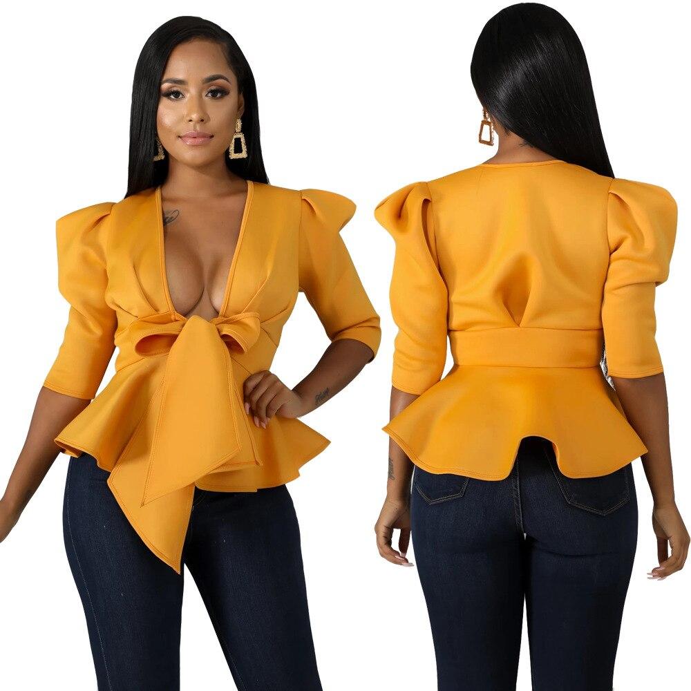 Modern Blouse V Neck Half Sleeve Ruffle Front Bow Style