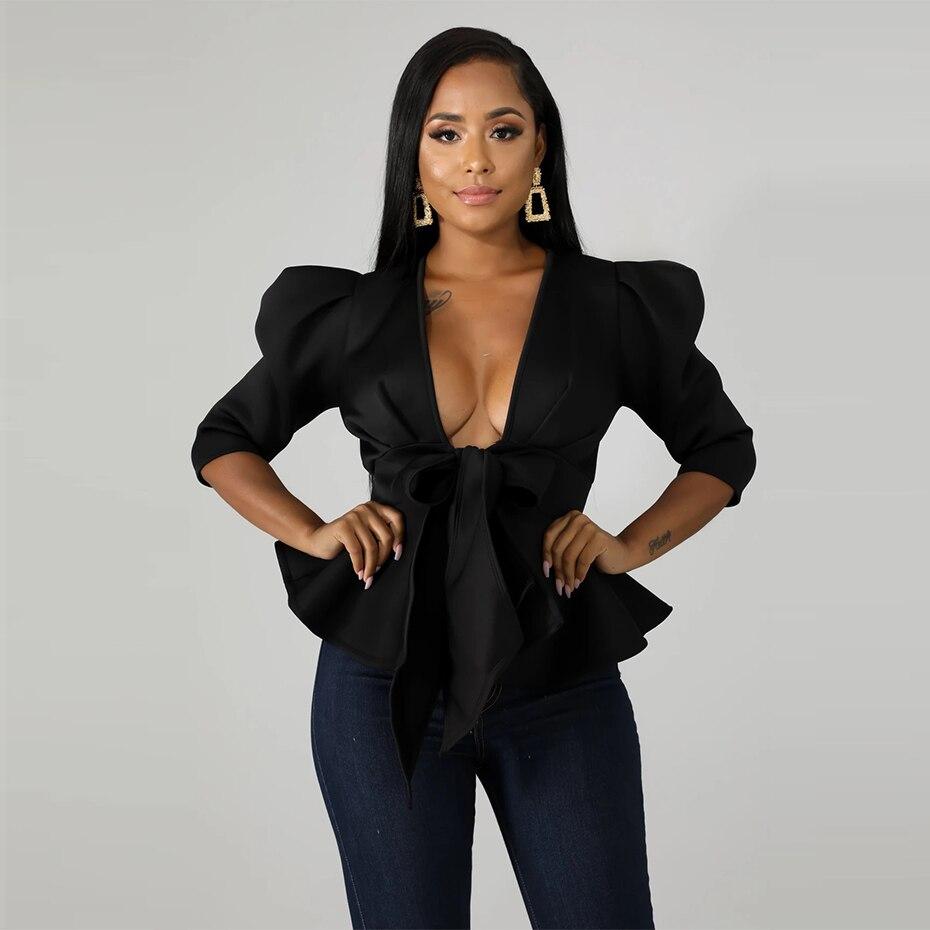 Modern Blouse V Neck Half Sleeve Ruffle Front Bow Style