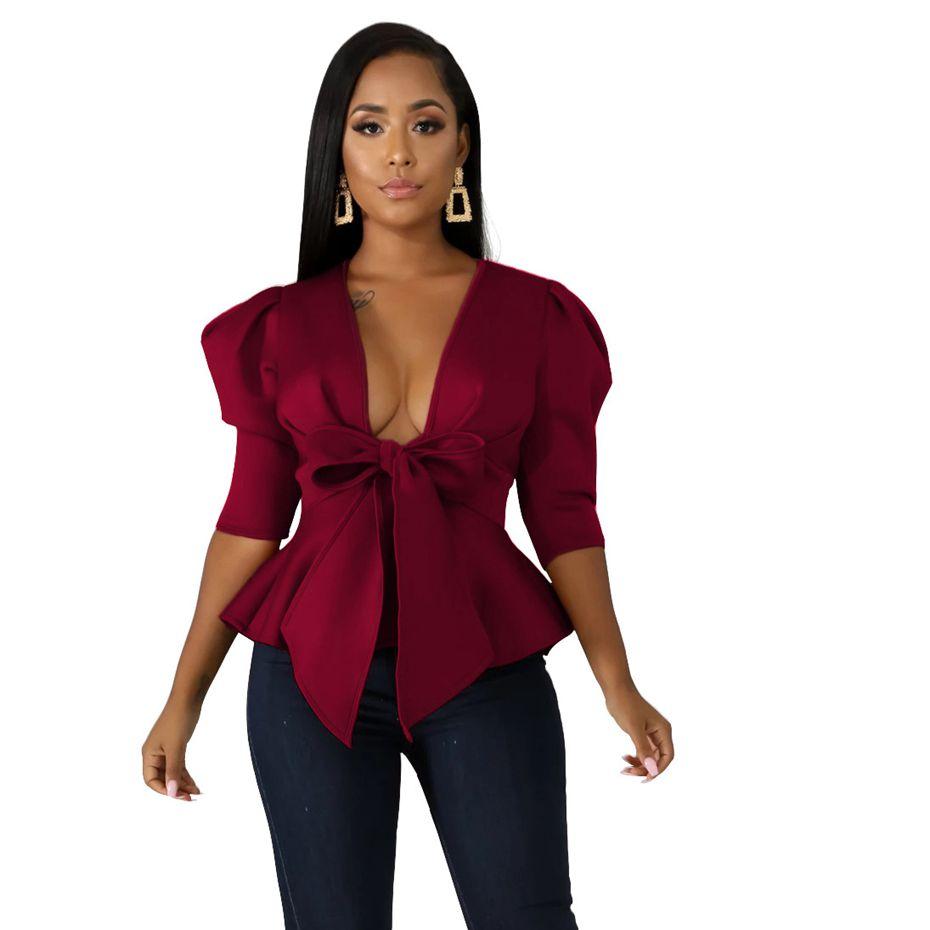 Modern Blouse V Neck Half Sleeve Ruffle Front Bow Style