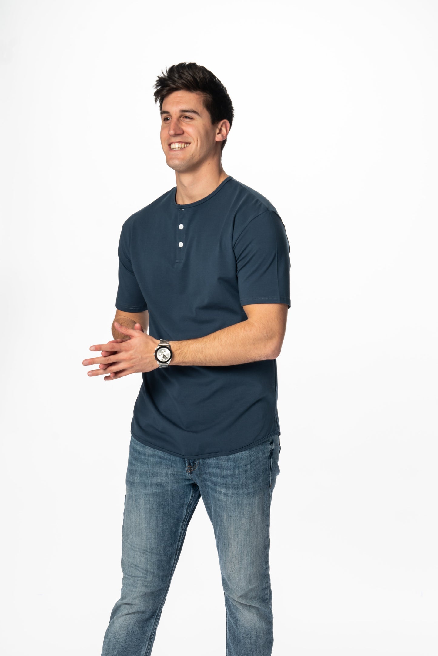 Curve-Split Henley T-Shirt: Coastal Blue