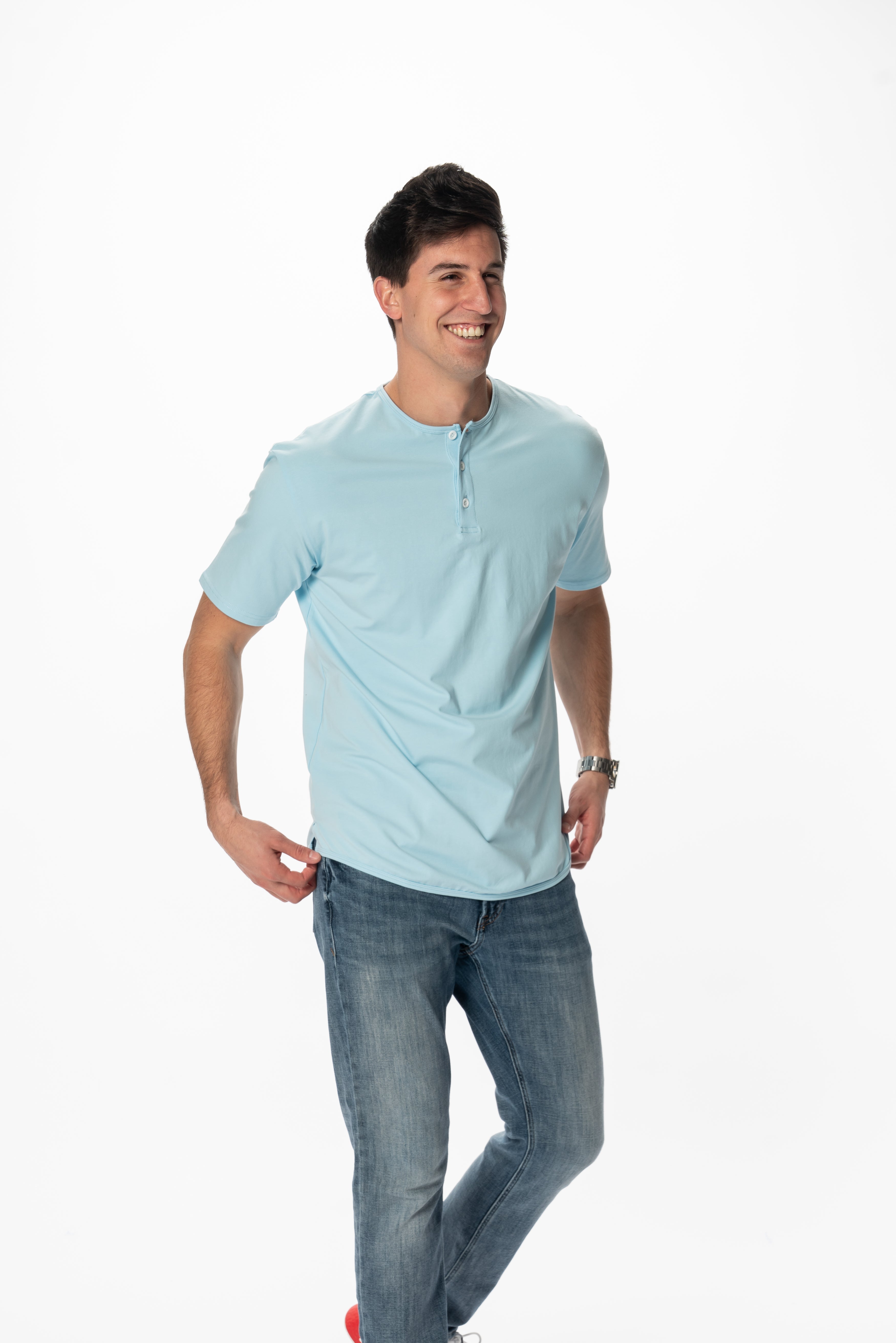 Curve-Split Henley T-Shirt: Charcoal Blue