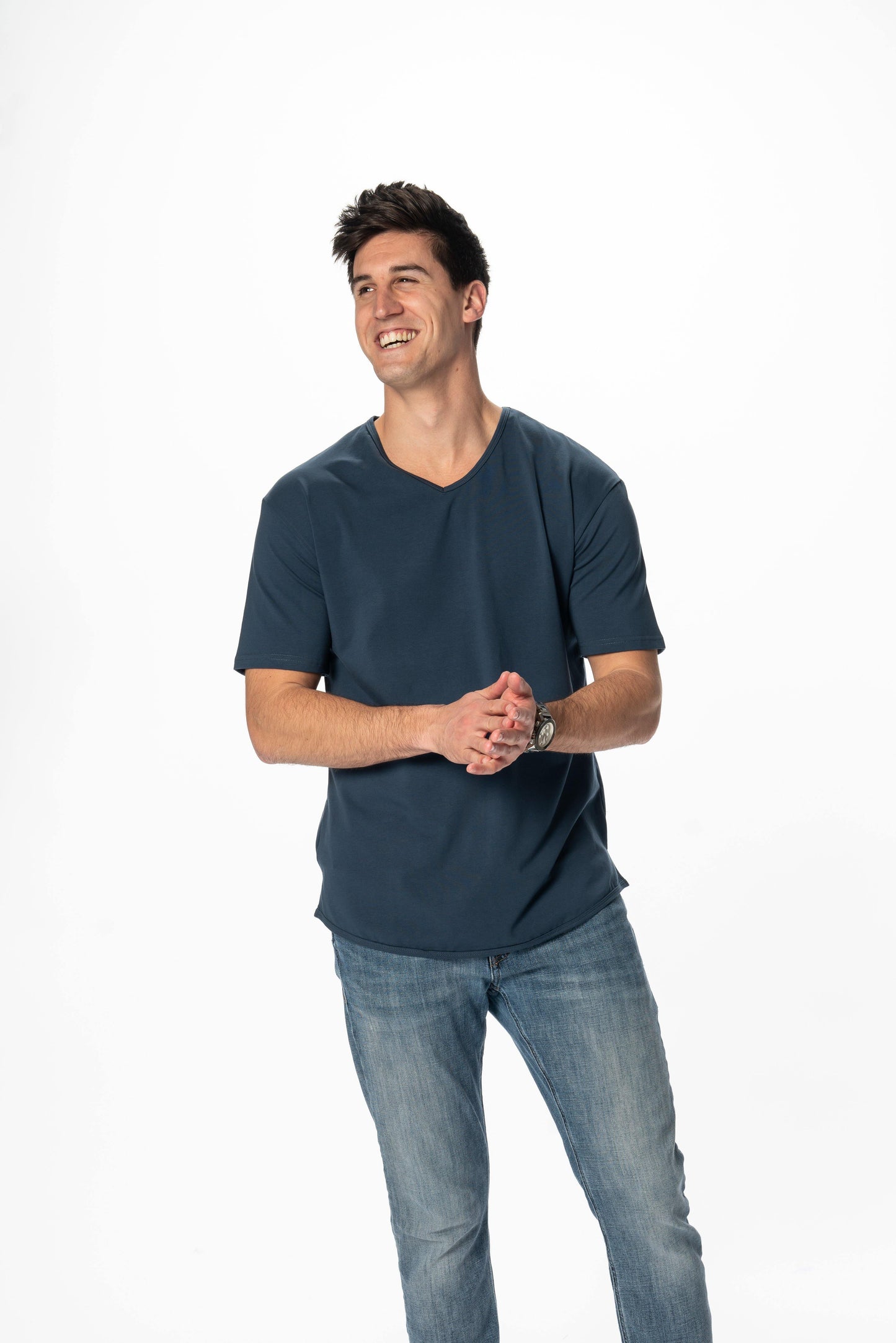 Curve-Split V-Neck T-Shirt: Coastal Blue