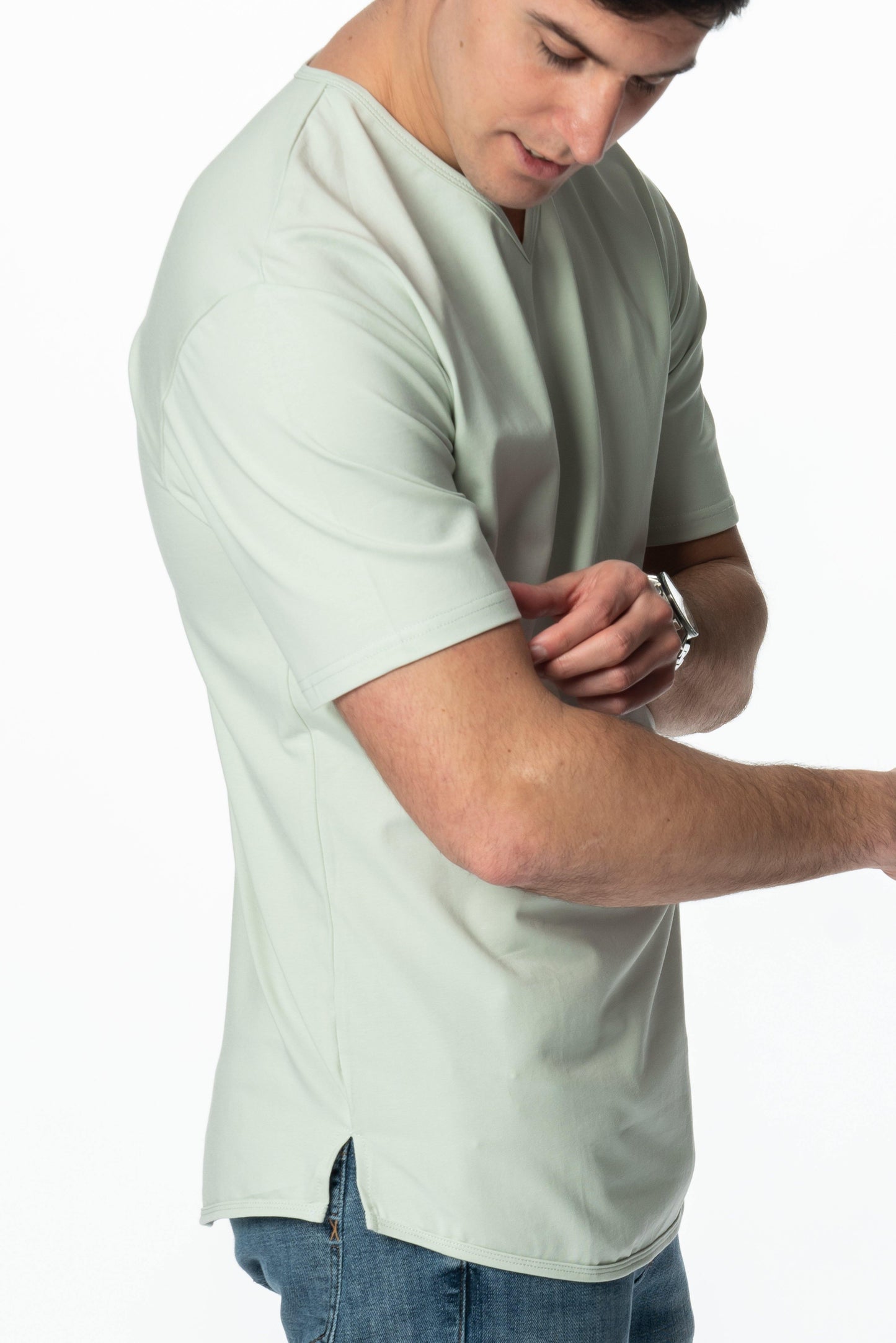Curve-Split V-Neck T-Shirt: Coastal Blue