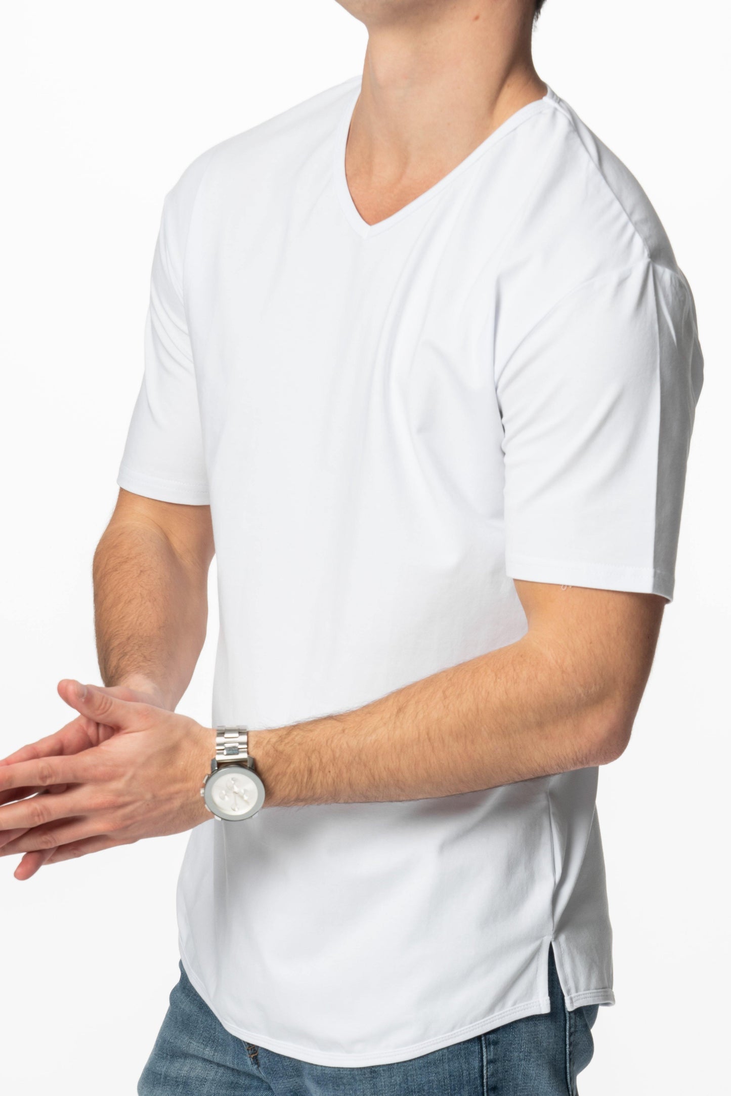 Curve-Split V-Neck T-Shirt: Coastal Blue