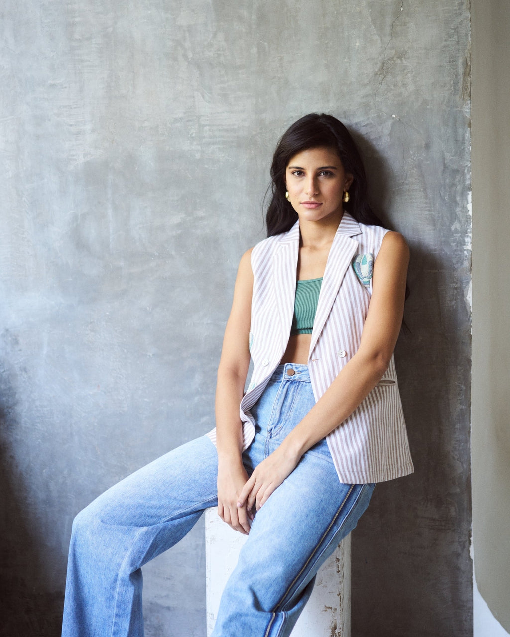 Logus striped hand embroidered waist coat