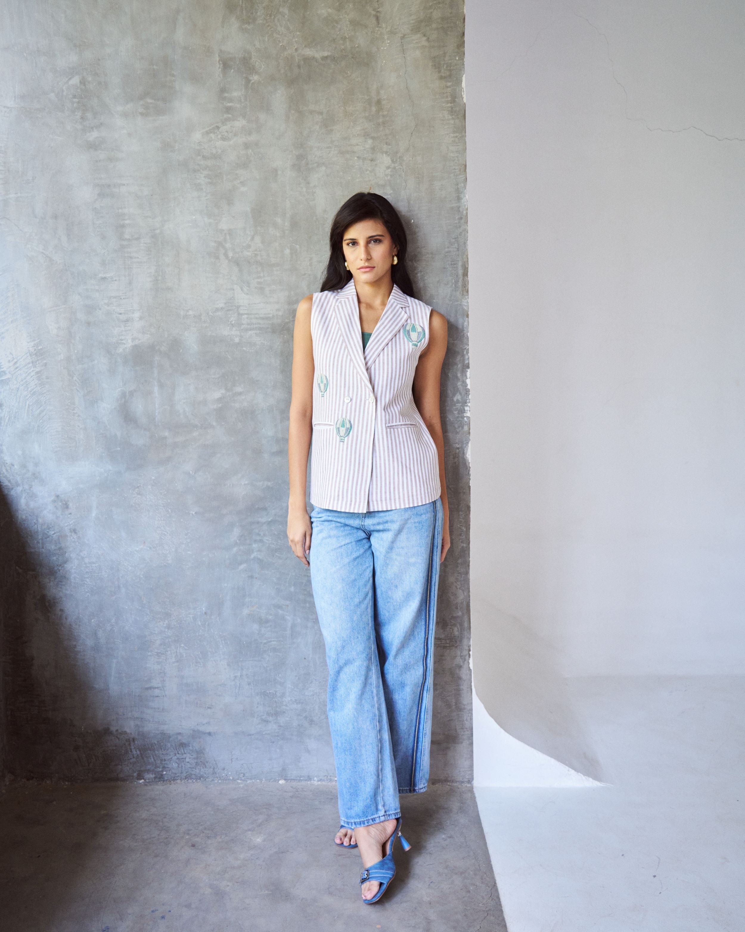 Logus striped hand embroidered waist coat