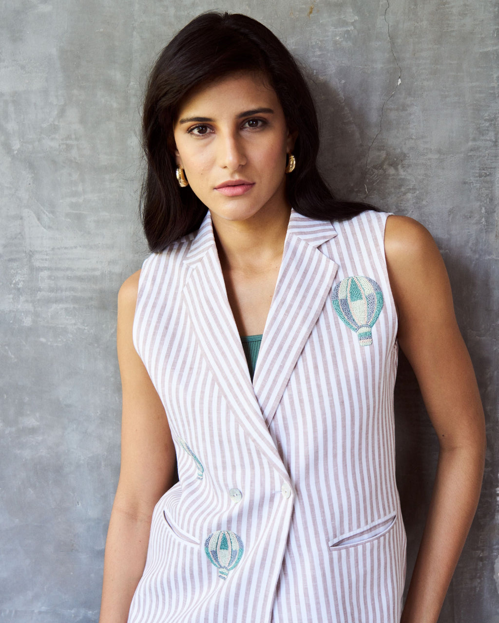 Logus striped hand embroidered waist coat