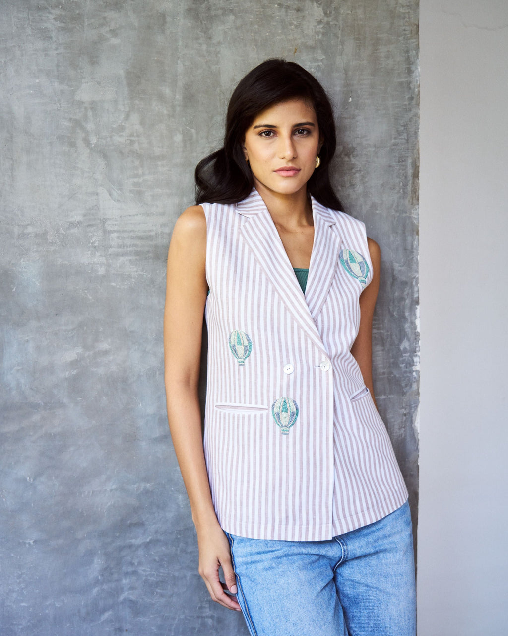 Logus striped hand embroidered waist coat