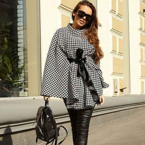 Women Spring Autumn Plaid Shawl Capes Jacket