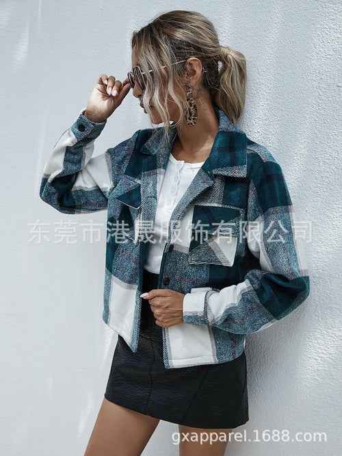 Women Plaid Long Sleeve Button Down Collar Long Shirt Coat