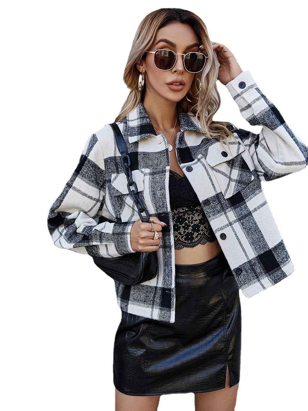 Women Plaid Long Sleeve Button Down Collar Long Shirt Coat