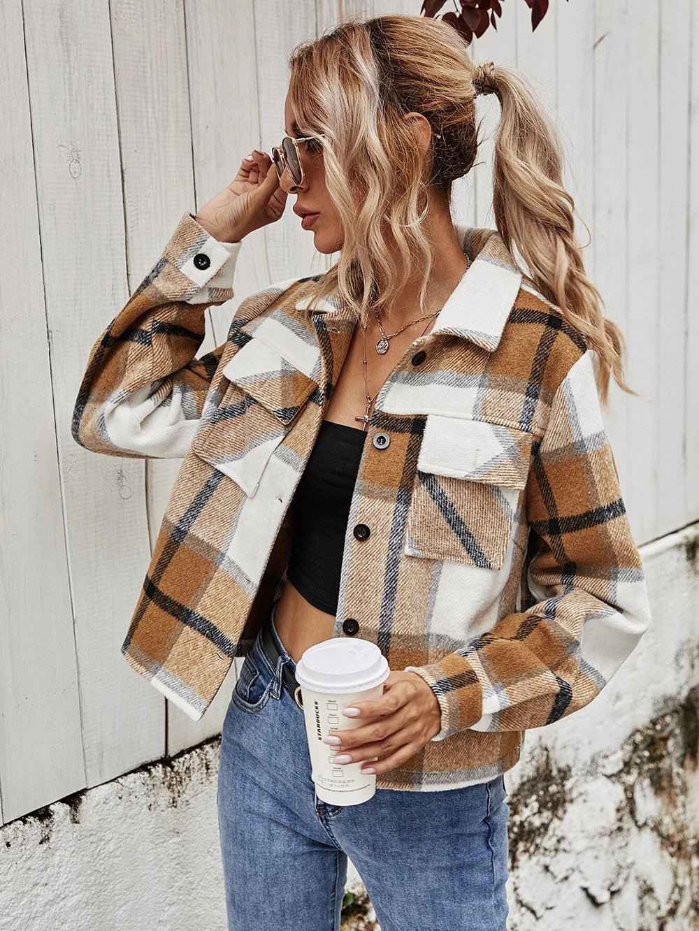 Women Plaid Long Sleeve Button Down Collar Long Shirt Coat