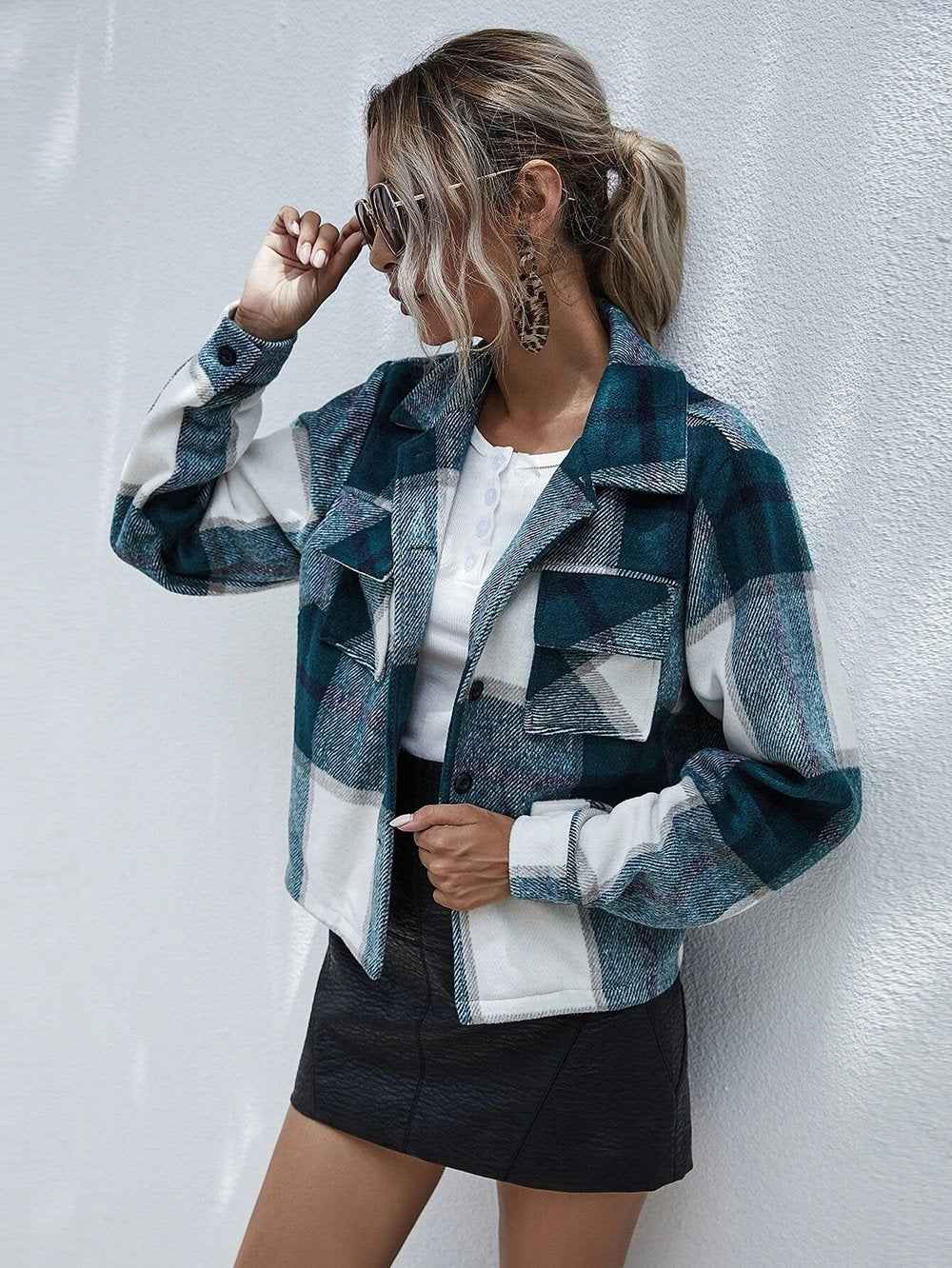 Women Plaid Long Sleeve Button Down Collar Long Shirt Coat