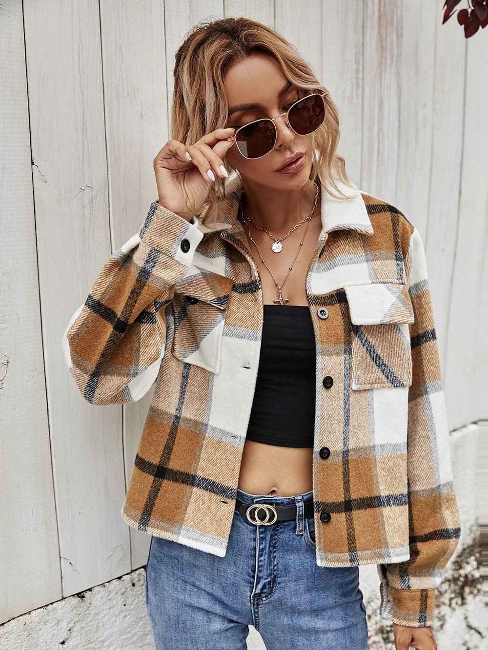 Women Plaid Long Sleeve Button Down Collar Long Shirt Coat