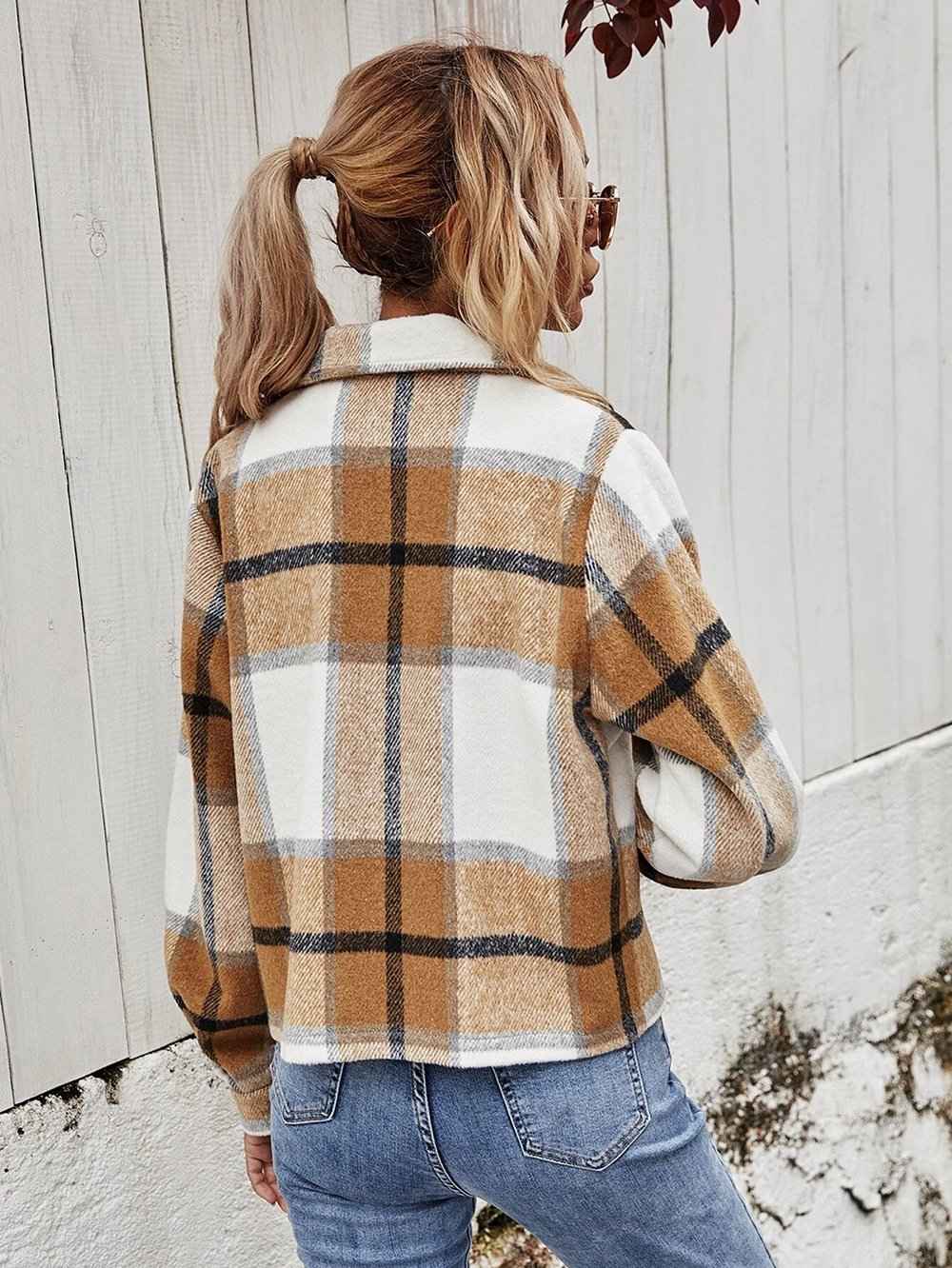 Women Plaid Long Sleeve Button Down Collar Long Shirt Coat