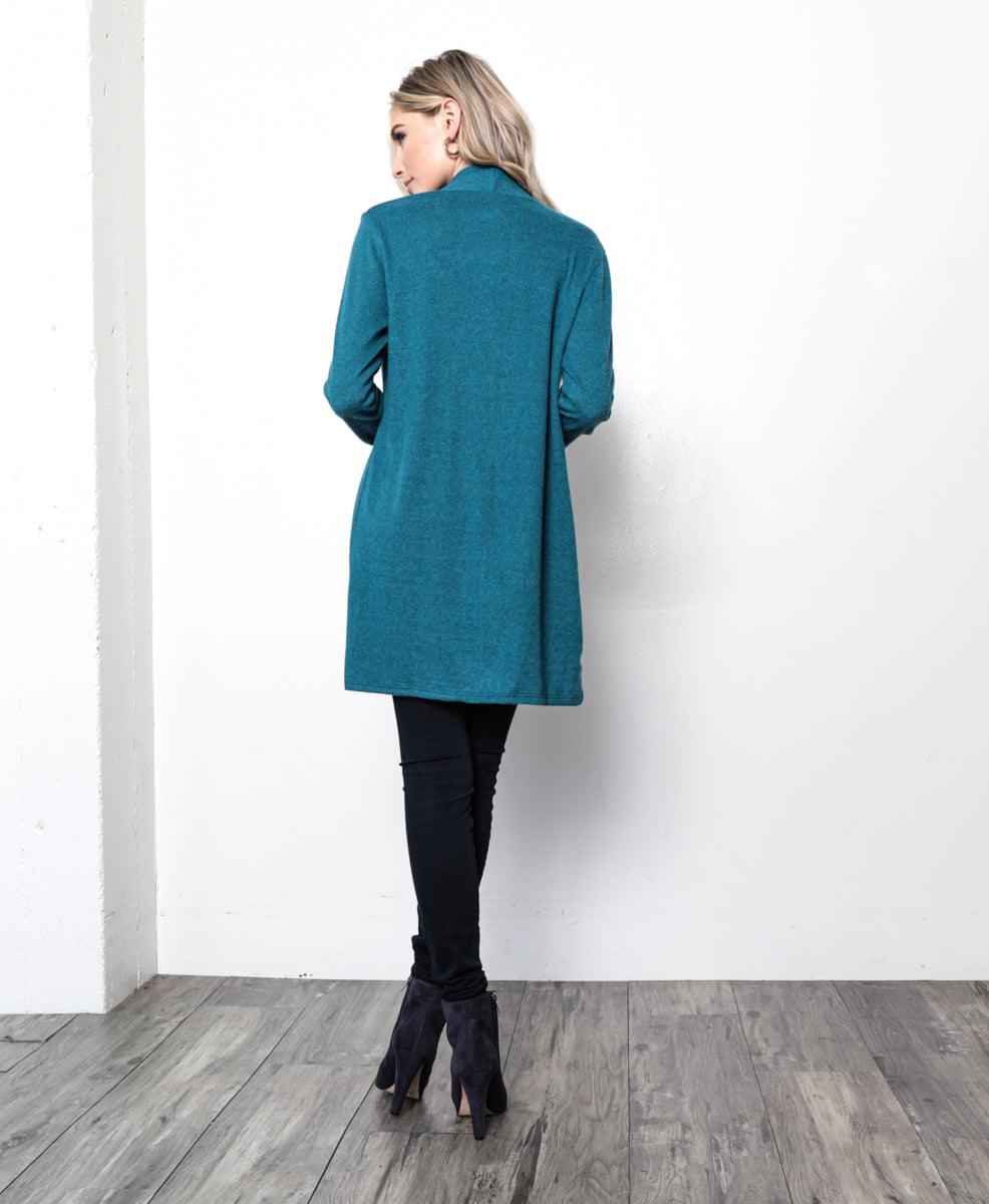 1111.Knit long body cardigan, open front, long sleeves, side pockets