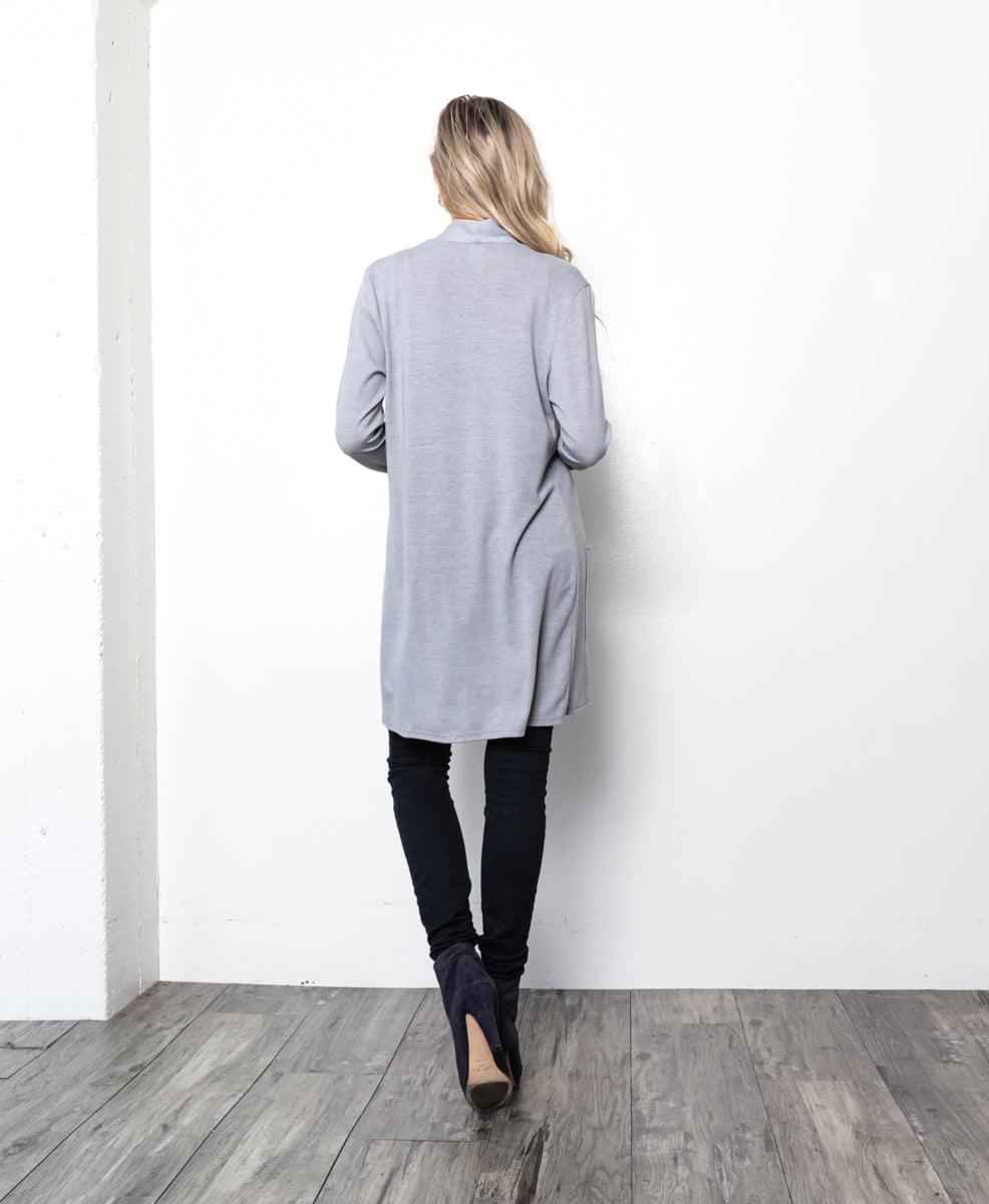 1111.Knit long body cardigan, open front, long sleeves, pockets