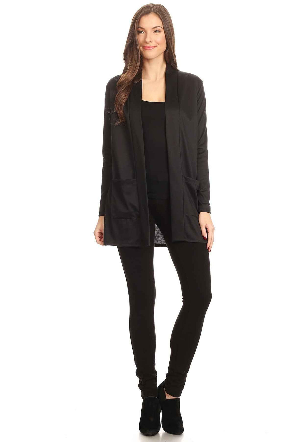 1111.Knit long body cardigan, open front, long sleeves, pockets