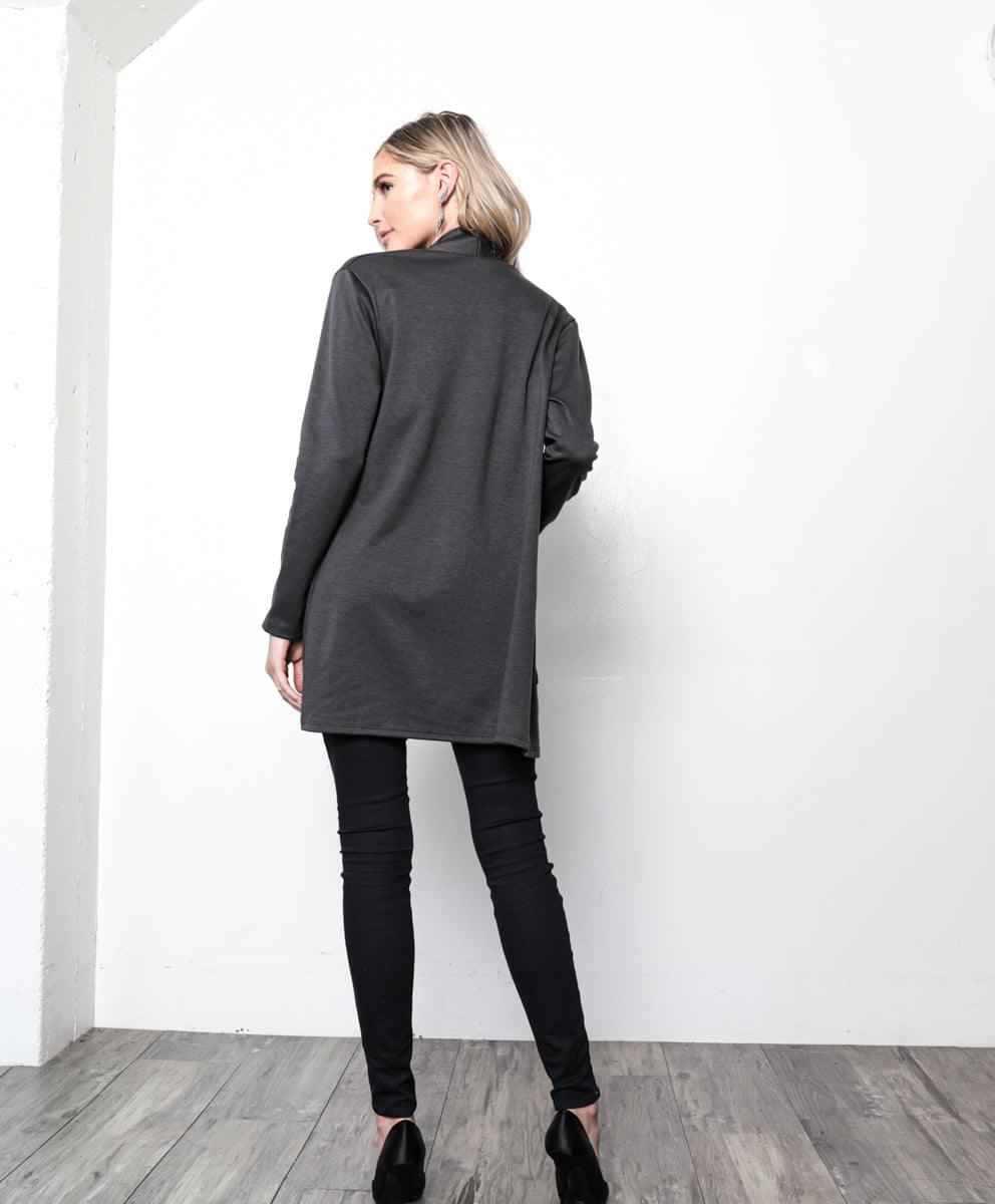 1111.Knit long body cardigan, open front, long sleeves, pockets