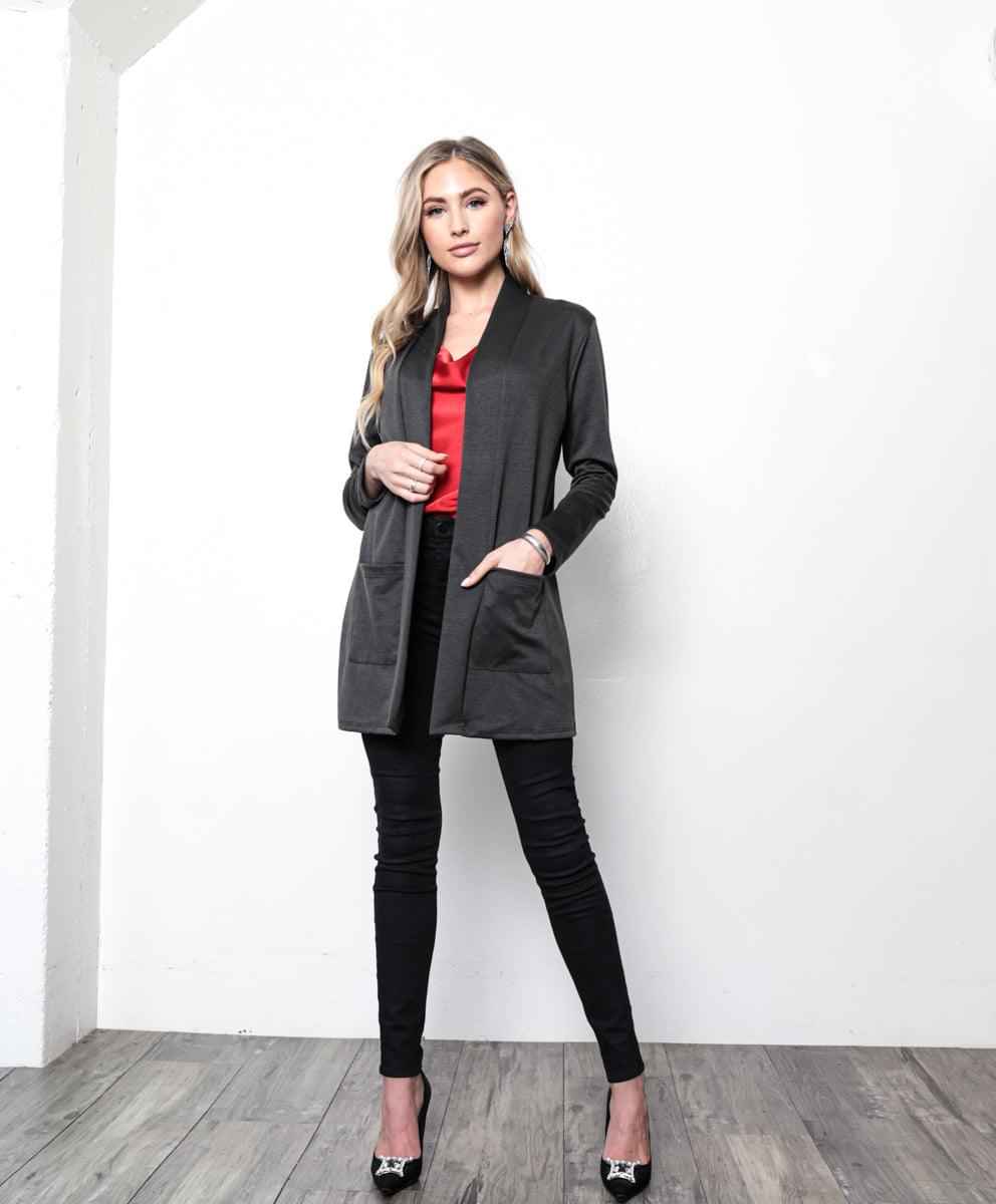 1111.Knit long body cardigan, open front, long sleeves, pockets