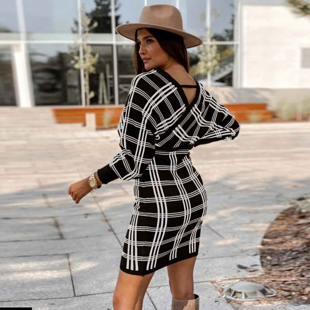 Women's Plaid Swing Dress Long Sleeve V Neck Tunic Mini Dress