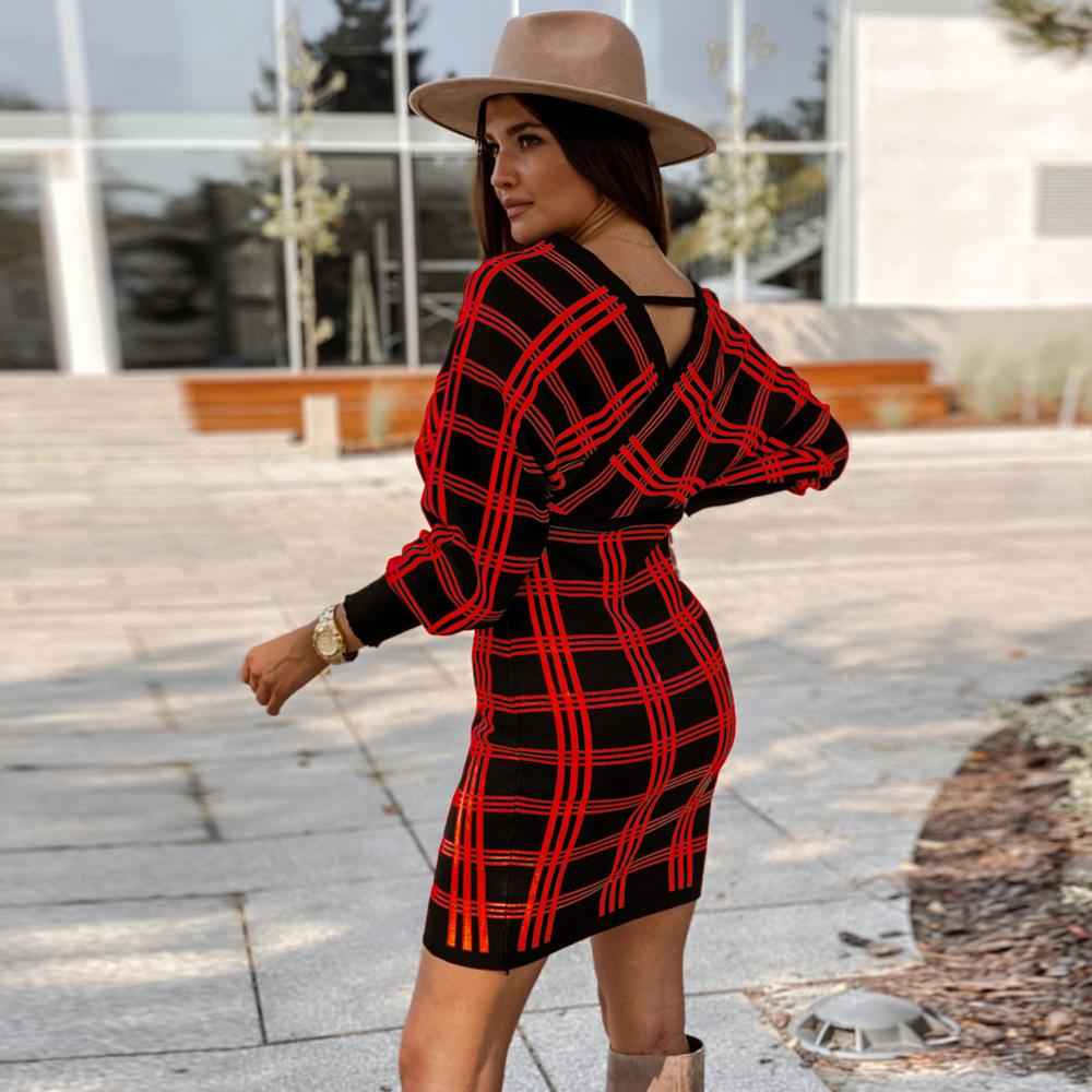 Women's Plaid Swing Dress Long Sleeve V Neck Tunic Mini Dress
