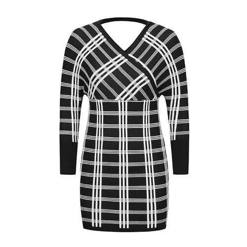 Women's Plaid Swing Dress Long Sleeve V Neck Tunic Mini Dress