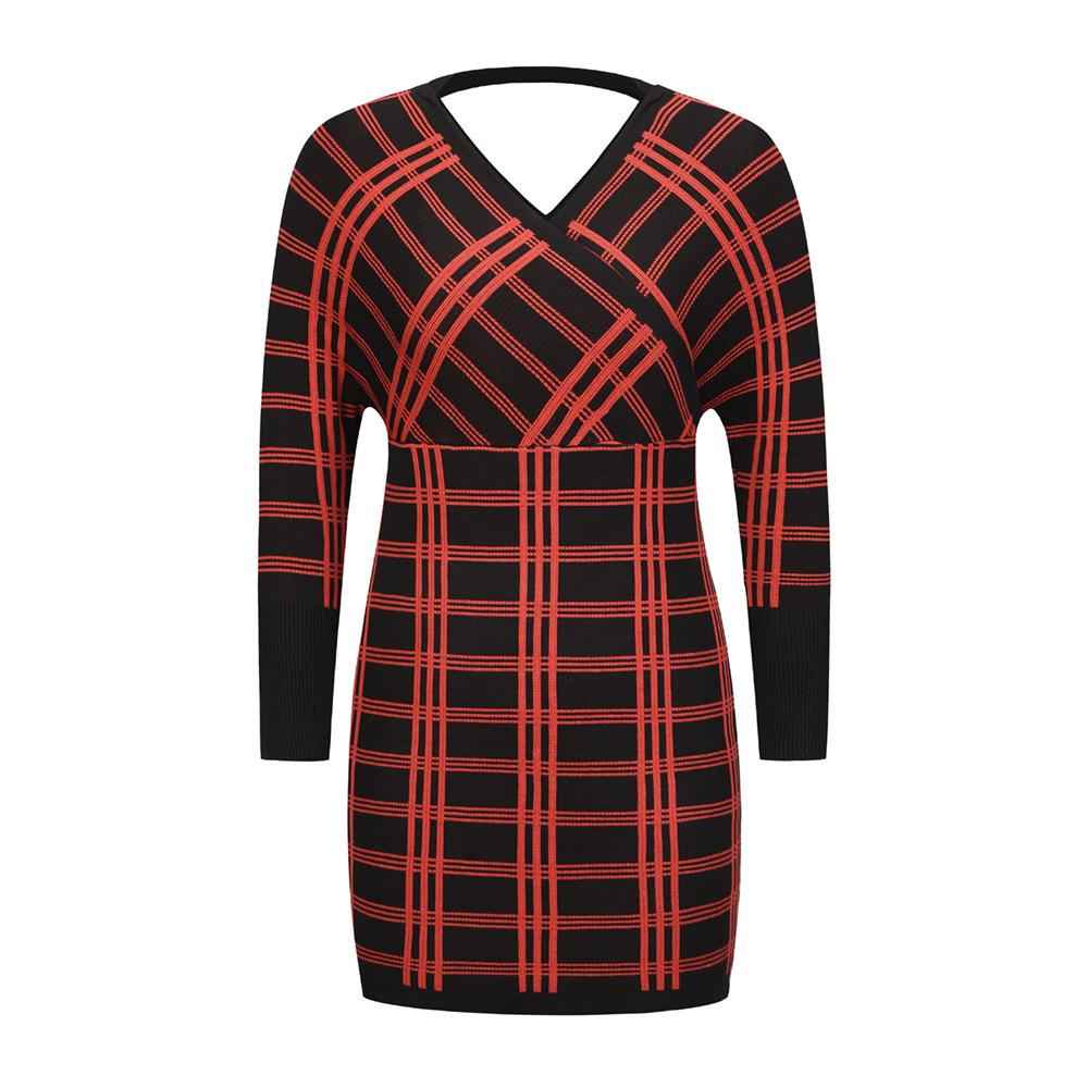 Women's Plaid Swing Dress Long Sleeve V Neck Tunic Mini Dress