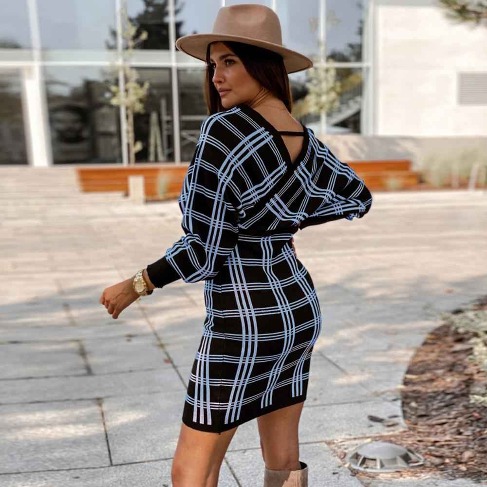 Women's Plaid Swing Dress Long Sleeve V Neck Tunic Mini Dress