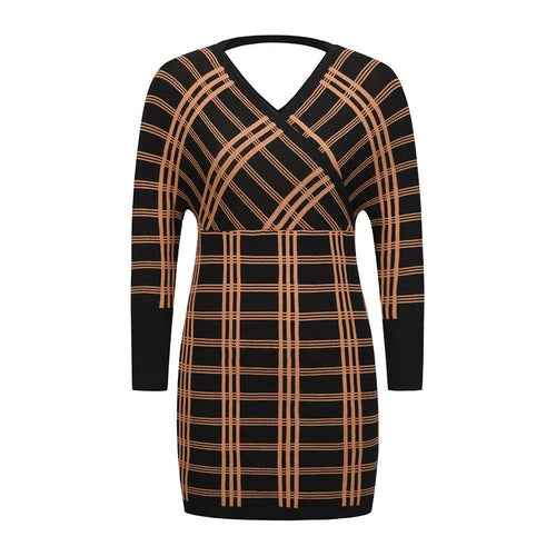 Women's Plaid Swing Dress Long Sleeve V Neck Tunic Mini Dress