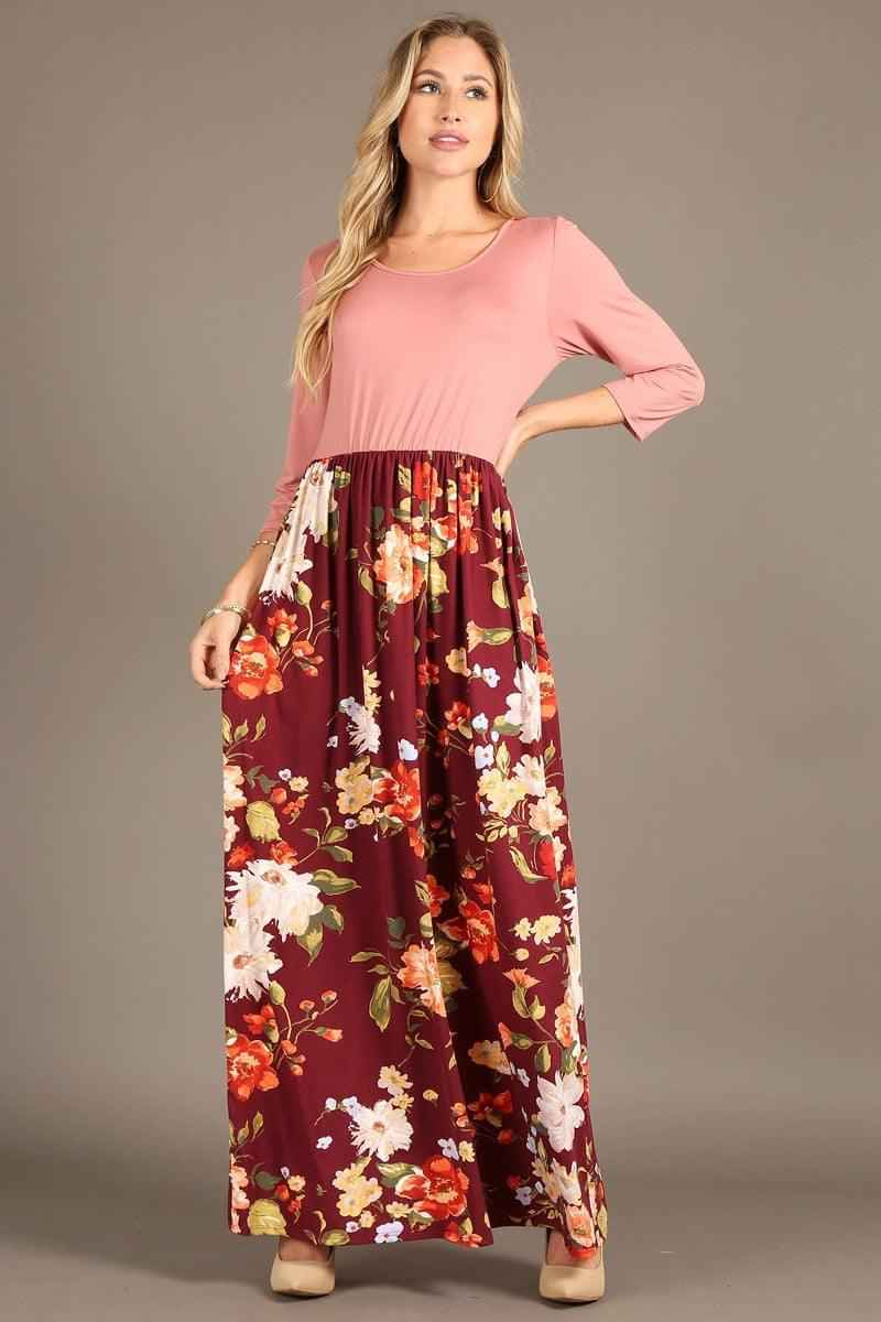1296 Maxi dress,round neck,elastic waist,3/4 sleeve,side pocket.