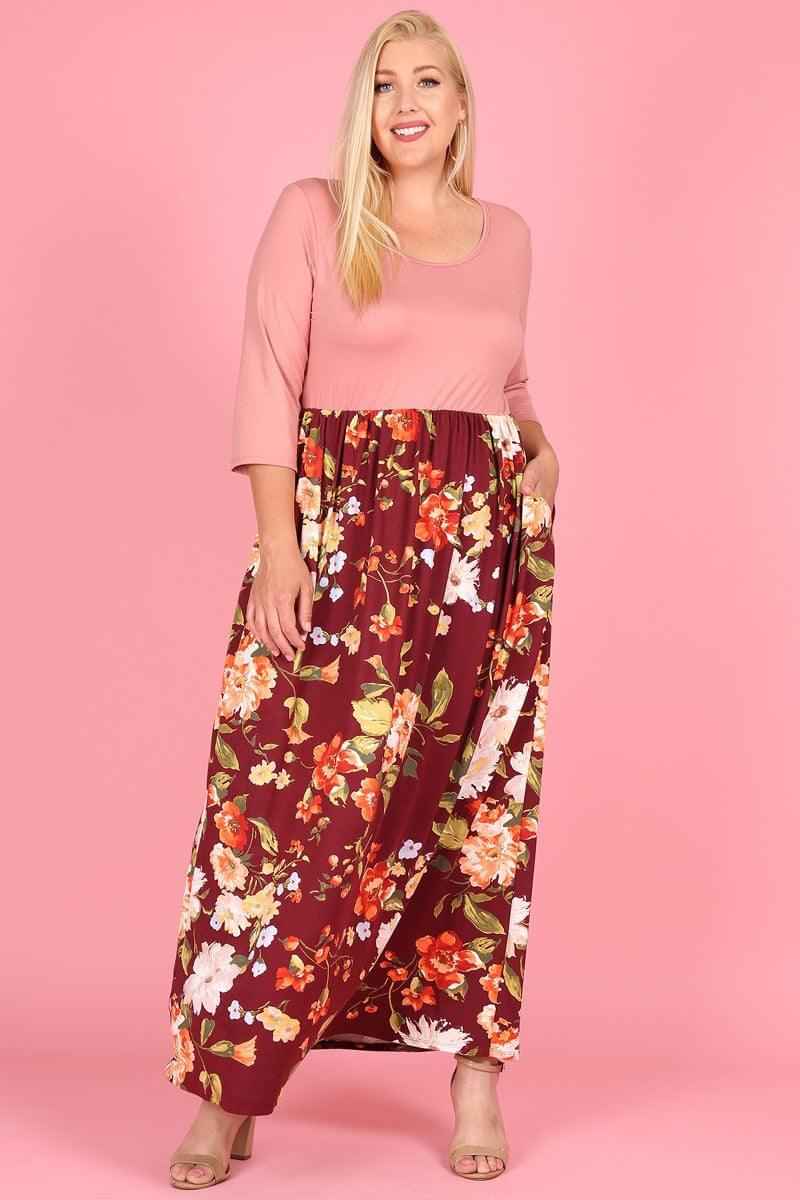 1296 Maxi dress,round neck,elastic waist,3/4 sleeve,side pocket.