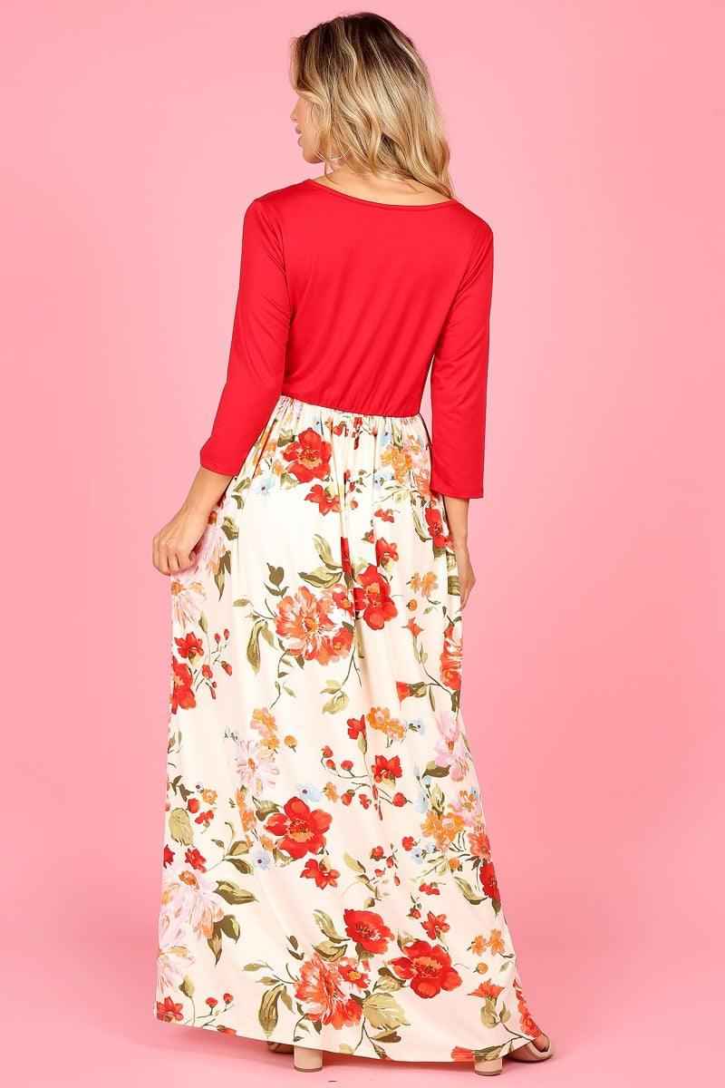 1296 Maxi dress,round neck,elastic waist,3/4 sleeve,side pocket.