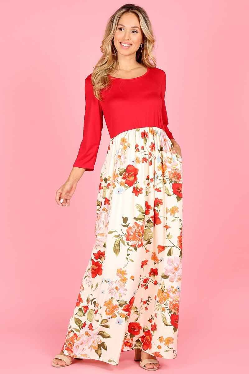 1296 Maxi dress,round neck,elastic waist,3/4 sleeve,side pocket.