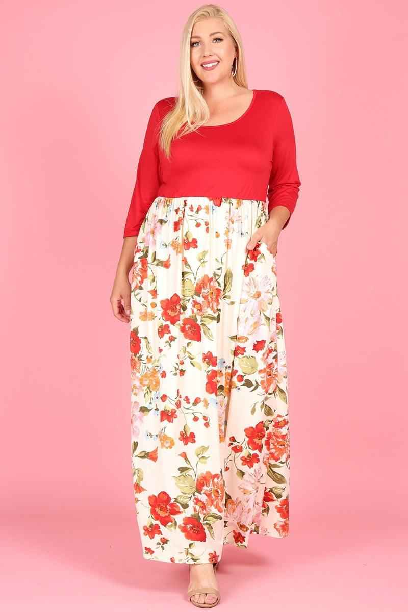 1296 Maxi dress,round neck,elastic waist,3/4 sleeve,side pocket.