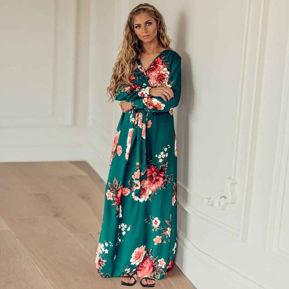 Female Casual Vintage Floral Print Autumn Maxi Dress Sexy V Neck Women