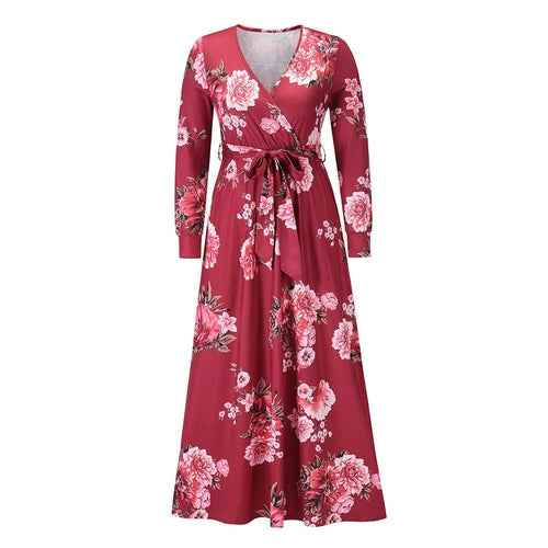 Female Casual Vintage Floral Print Autumn Maxi Dress Sexy V Neck Women