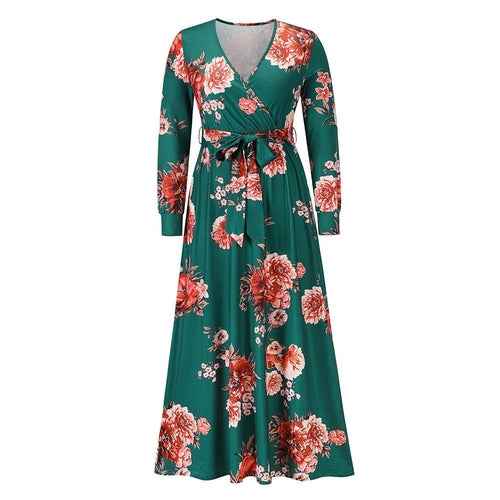 Female Casual Vintage Floral Print Autumn Maxi Dress Sexy V Neck Women