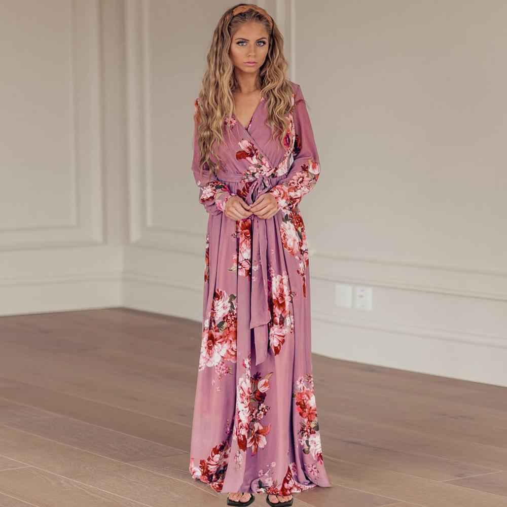 Female Casual Vintage Floral Print Autumn Maxi Dress Sexy V Neck Women