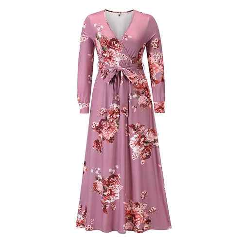 Female Casual Vintage Floral Print Autumn Maxi Dress Sexy V Neck Women