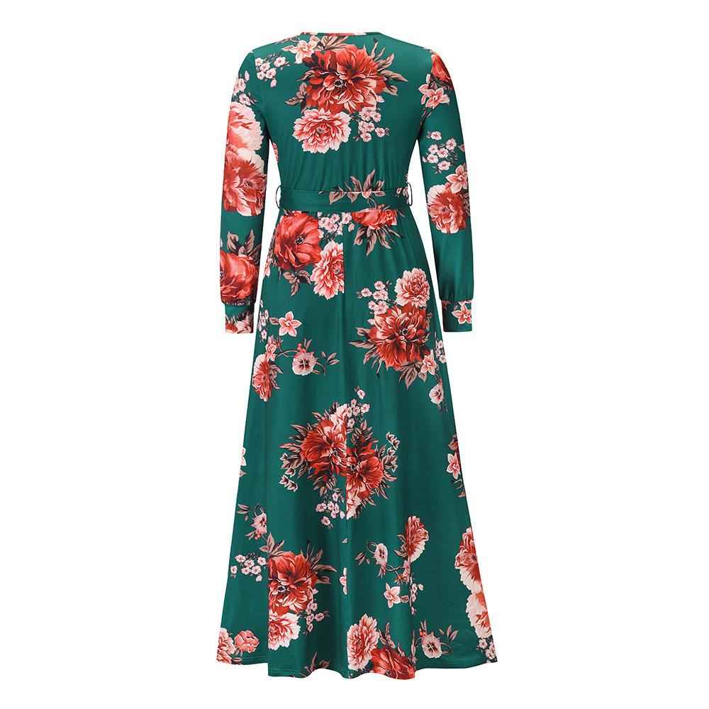 Female Casual Vintage Floral Print Autumn Maxi Dress Sexy V Neck Women